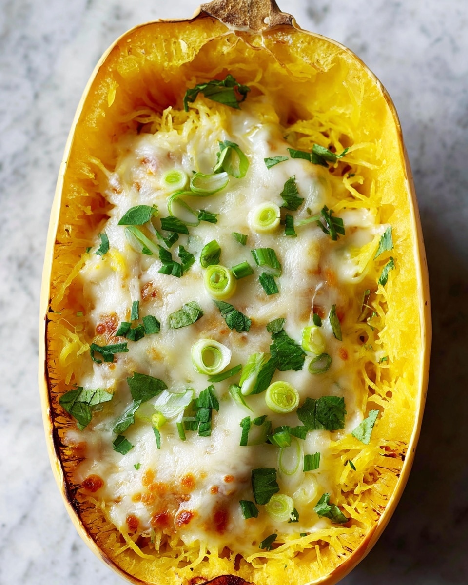 The image shows a white marbled surface with a spaghetti squash half resting on it. The squash is cut lengthwise, with its bright yellow, fibrous flesh forming the bottom layer inside its slightly charred, pale yellow skin shell. On top of the yellow squash flesh is a melted mix of white and light yellow cheese with a smooth and slightly stringy texture, spread evenly across the open cavity. Scattered on top of the cheese are small pieces of chopped fresh green herbs and thinly sliced green onions, adding a fresh color contrast. The edges of the squash have a few browned spots, indicating roasting. photo taken with an iphone --ar 4:5 --v 7