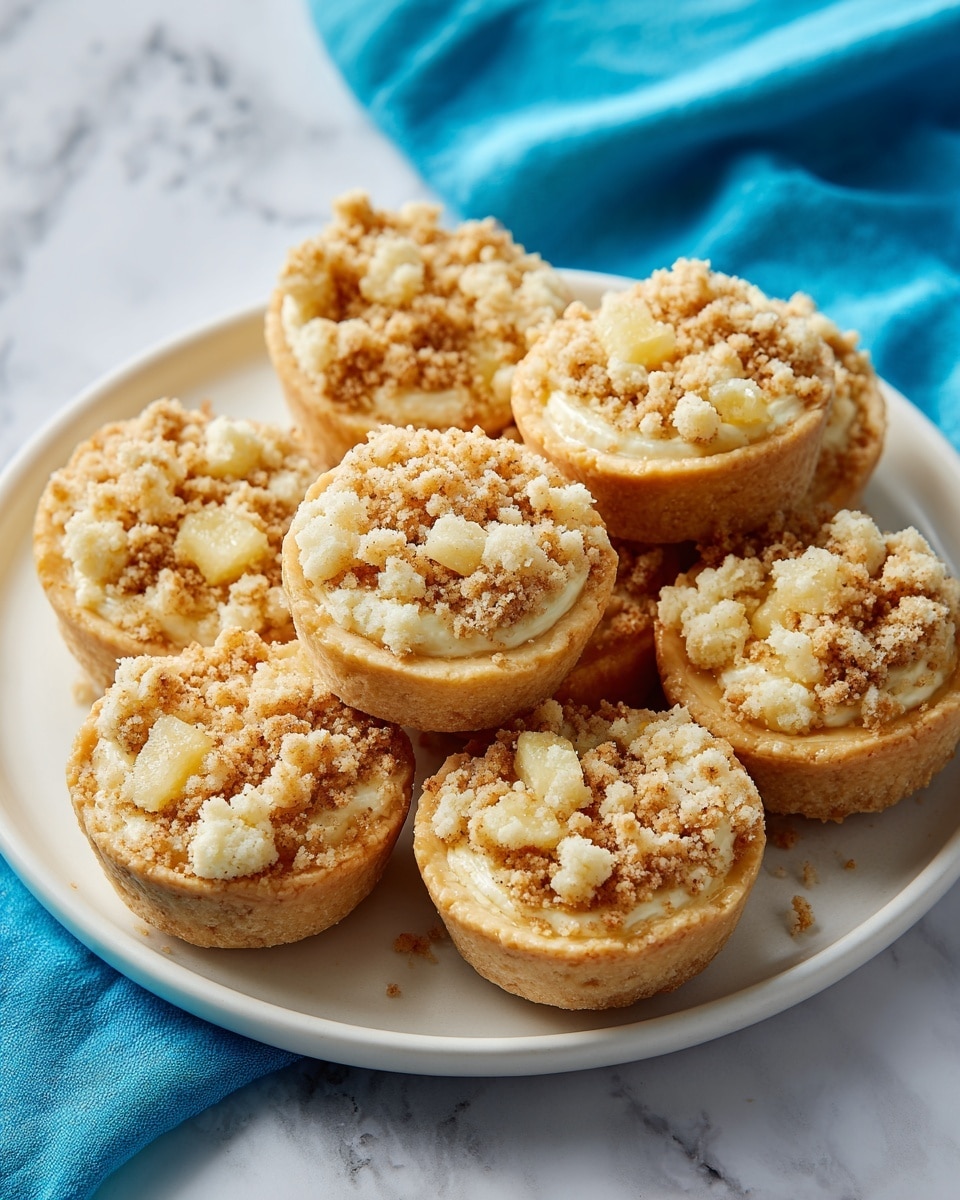 A white plate is full of small round pies arranged closely together, each having three main layers. The bottom layer is a light tan crust that holds the pie. The middle layer is filled with thin light yellow slices that look like fruit. The top layer is a crumbly white topping that covers each pie unevenly, giving them a soft, rough texture. The plate sits on a white marbled surface with a piece of bright blue cloth visible in the background. Photo taken with an iphone --ar 4:5 --v 7