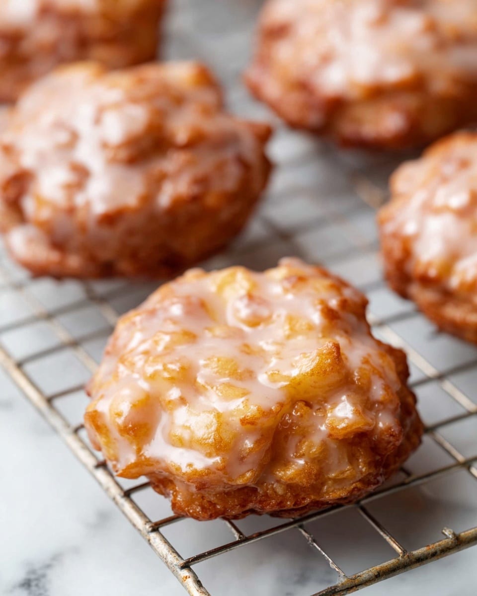 The image shows a close-up view of a golden brown, crispy apple fritter with a shiny sugar glaze coating its uneven, bumpy surface. The fritter has a rough texture with visible chunks of cooked apple inside, creating an inviting layered look of soft and crunchy parts. The fritter rests on a silver wire cooling rack that is placed over a white marbled texture background. The focus is on the front fritter, with blurred parts of other fritters showing in the back. photo taken with an iphone --ar 4:5 --v 7