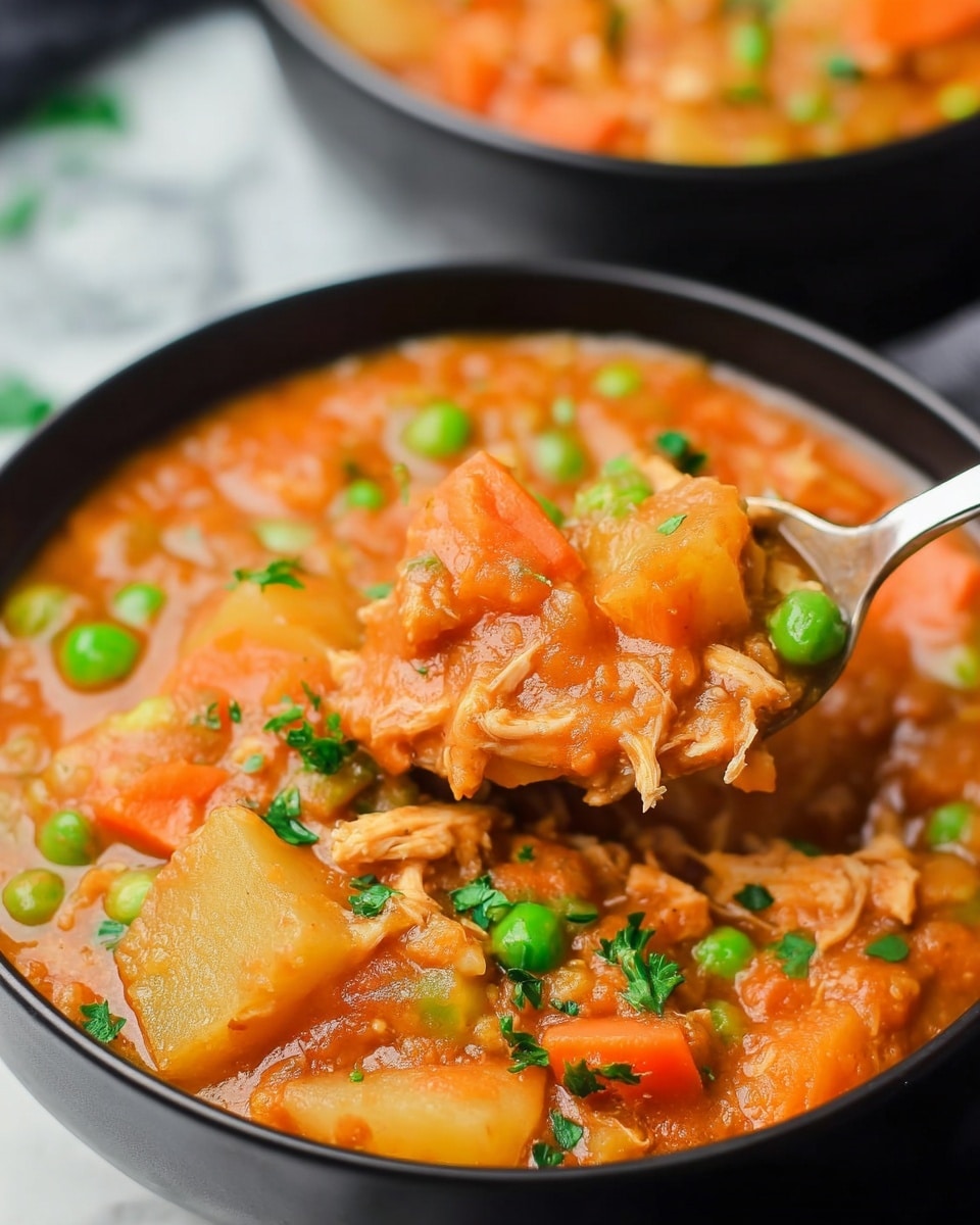 The image shows two white bowls filled with thick vegetable stew that has a rich orange-brown broth. The stew contains chunks of yellow potatoes, orange carrots, green peas, and pieces of shredded meat, all mixed evenly throughout. The surface of the stew is garnished with small bits of chopped green herbs. One bowl in the foreground has a silver spoon resting inside it, while the other bowl is partially visible behind it. Both bowls sit on a white marbled surface with a bunch of fresh bright green celery stalks on the right side and a grey cloth napkin beneath the bowls. The photo is taken with an iphone --ar 4:5 --v 7