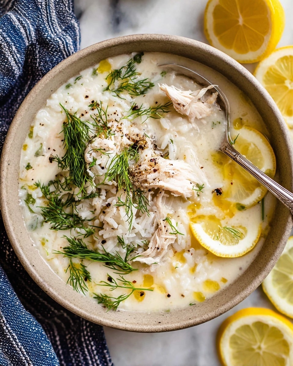 A white bowl filled with a creamy white porridge-like base, topped with shredded pale pink chicken pieces in the center. Bright yellow drops of oil are scattered on the surface, along with fresh green dill sprigs placed evenly around the chicken. The dish is sprinkled with cracked black pepper, adding small dark specks throughout. A silver spoon is partially submerged in the bowl, and the bowl sits on a white marbled surface with a striped black and white cloth nearby. A lemon slice is also visible in the corner. Photo taken with an iphone --ar 4:5 --v 7