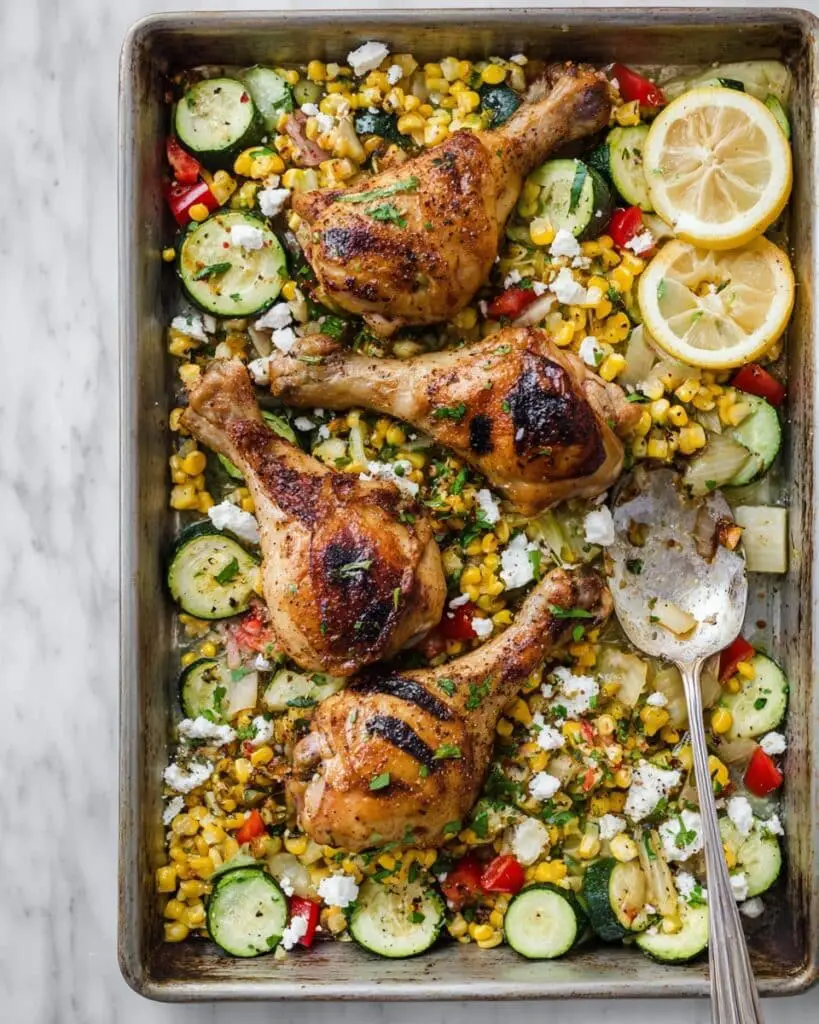Sheet Pan Chicken Drumsticks with Zucchini, Corn, and Feta Recipe