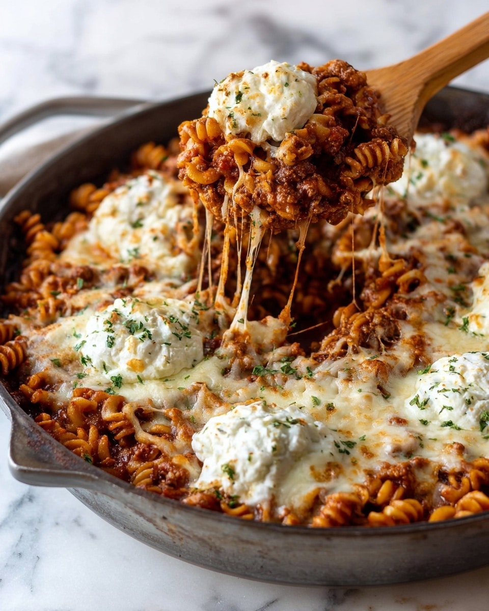 A skillet filled with three layers of pasta: the bottom layer is curly pasta mixed with a rich red meat sauce, the middle layer has dollops of white creamy cheese with green herb flakes on top, and the top layer is melted cheese that is golden brown in some spots with scattered green herbs. A wooden spoon lifts a scoop showing all layers together with some cheese strings stretching from the skillet. The skillet sits on a white marbled surface. Photo taken with an iphone --ar 4:5 --v 7