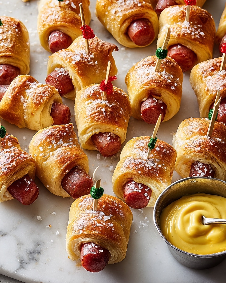 The image shows several pieces of sausage wrapped in golden brown, soft bread with a light sprinkling of coarse salt on top. Each piece has a bright reddish sausage in the middle, surrounded by a thick layer of bread that looks fluffy and slightly toasted. The sausages are neatly arranged in rows on a white marbled surface, with one piece held by a woman's hand using a toothpick with a small green decoration on top. On the right side, there is a small white bowl filled with yellow mustard sauce. Photo taken with an iphone --ar 4:5 --v 7