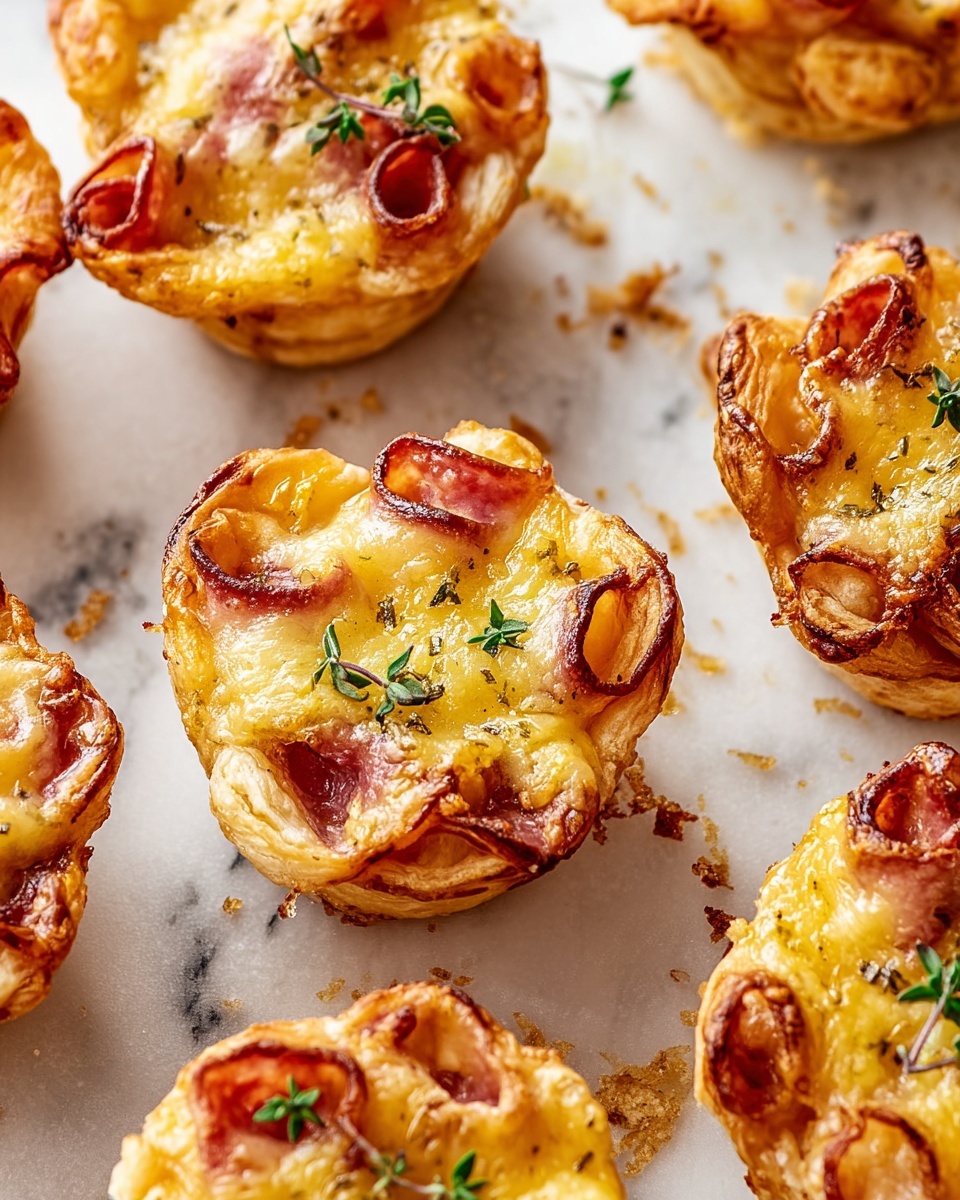 The image shows mini puff pastry pies, each with three visible layers. The bottom layer is a golden brown, flaky puff pastry base that holds the shape of a small cup. The middle layer consists of thin, reddish slices of cured meat arranged flat inside the pastry. The top layer is melted light yellow cheese that melts over the meat and edges of the pastry, with small green thyme leaves sprinkled to add color. The pies are placed closely together on a white marbled surface with small crumbs scattered around. photo taken with an iphone --ar 4:5 --v 7