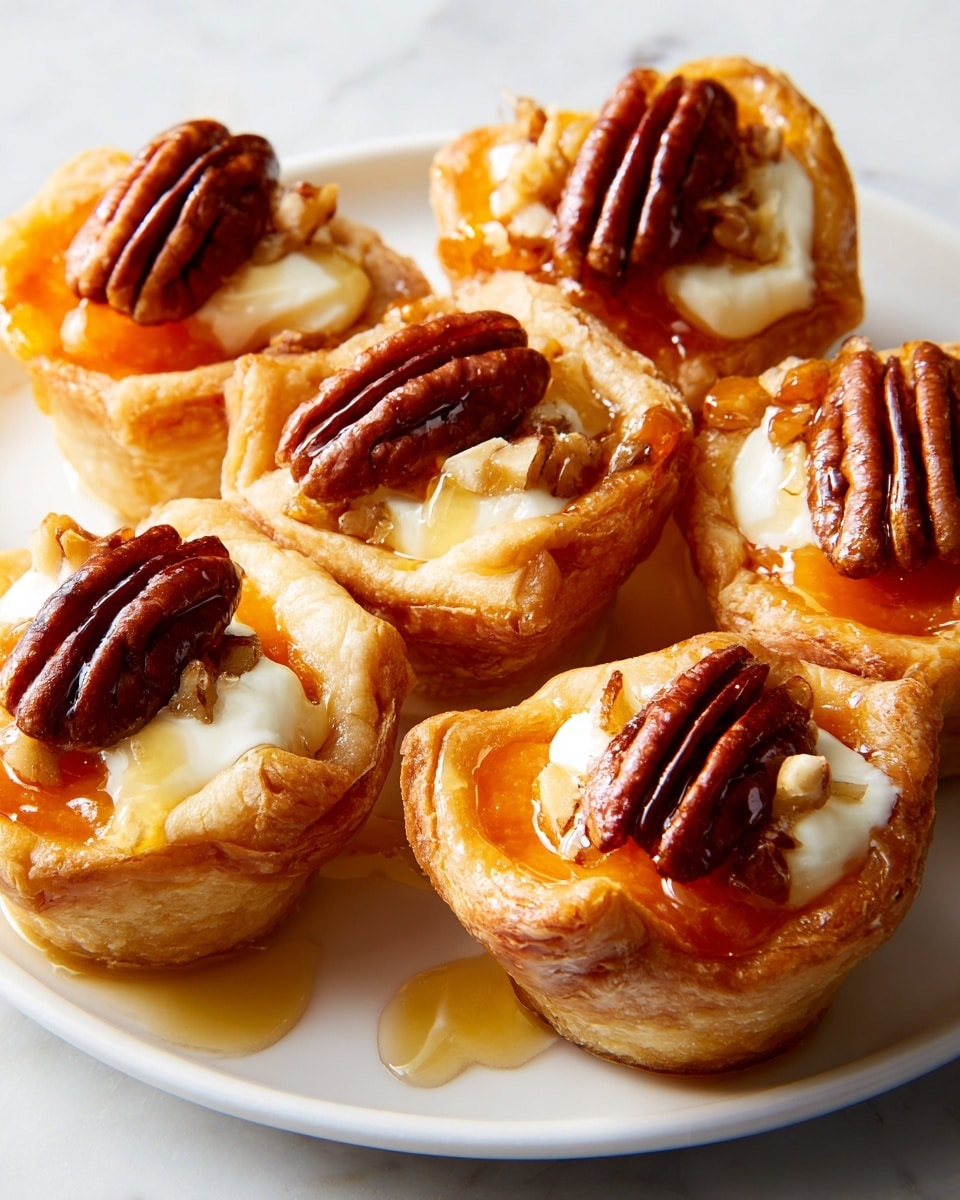 The image shows six small tarts arranged closely on a white plate, all sitting on a white marbled surface. Each tart has a golden-brown crust base that is puffy and slightly folded at the edges. On top of each crust, there is a layer of bright orange filling with a soft texture. Above this, there is a light, slightly melted, white creamy layer with an irregular shape on each tart. Each tart is topped with a large, shiny pecan nut that is deep brown in color. A golden syrup glistens, drizzling lightly over the tarts and pooling on the plate below them. photo taken with an iphone --ar 4:5 --v 7