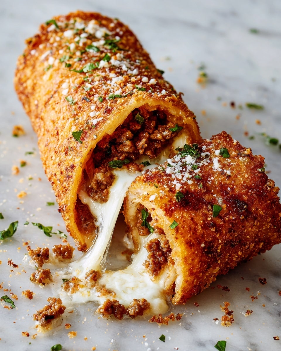 The image shows a crispy golden-brown fried roll, broken open to reveal its filling inside. The outer layer is crunchy and textured with a deep golden color sprinkled with small white cheese shavings and green herb pieces. Inside, there are chunks of cooked meat layered with melted white cheese that stretches as the roll is pulled apart. Small bits of green herbs are mixed in with the filling, adding a pop of color. The roll sits on a white marbled surface with a few scattered herb pieces around it. Photo taken with an iphone --ar 4:5 --v 7