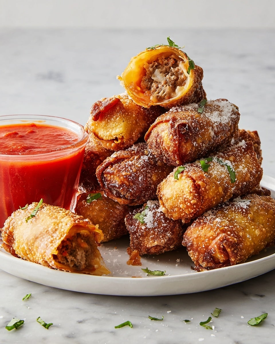 A white plate holds a stack of seven crispy, golden-brown egg rolls with a bubbly and textured surface, sprinkled lightly with grated white cheese and small green herb pieces. One egg roll is upright, dipped halfway into a glass cup filled with thick, bright red marinara sauce, showing a close-up of the filling inside, which looks like finely chopped meat with a soft texture. The plate is on a white marbled surface, and there are scattered green herb pieces around. photo taken with an iphone --ar 4:5 --v 7
