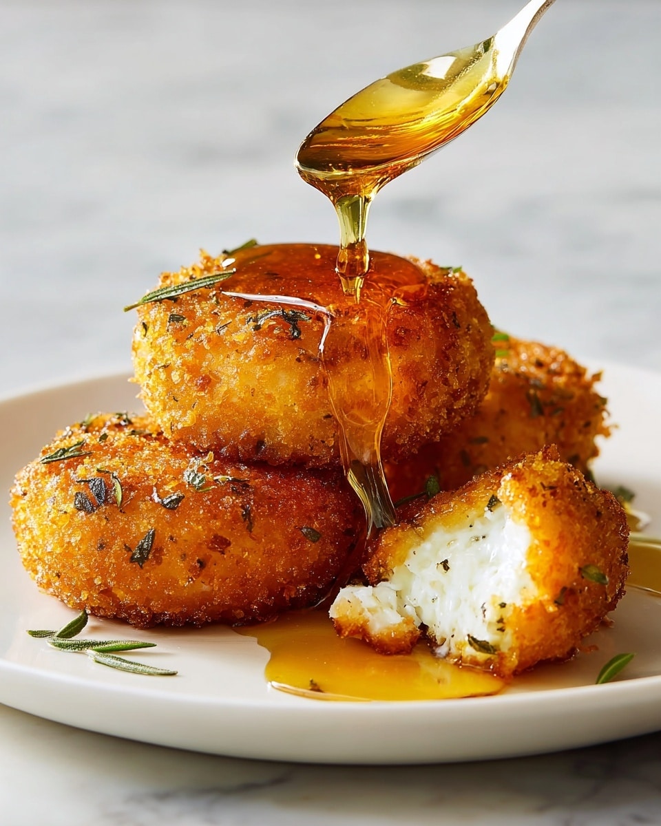 A white plate on a white marbled surface holds two round, golden-brown fried cakes stacked on top of each other, both with a crispy, textured surface speckled with small herbs. Next to them is a broken piece revealing a soft, white filling inside. A golden syrup is being poured over the cakes from a spoon above, with the syrup slowly flowing down the sides and glistening in the light, giving a shiny, sticky look to the cakes, and small green herb leaves are scattered on and around the cakes. Photo taken with an iphone --ar 4:5 --v 7