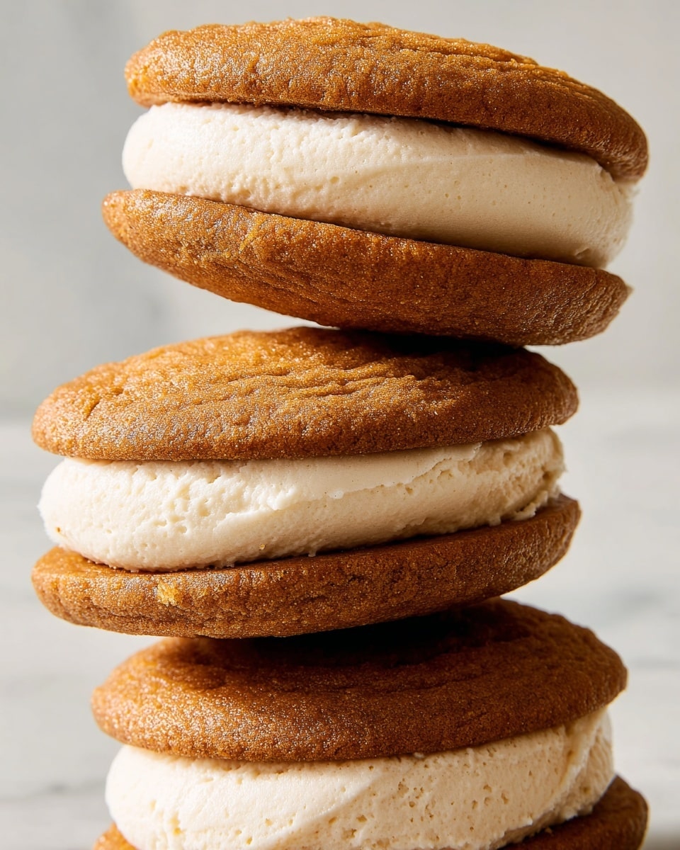 A close-up image showing a stack of three soft sandwich cookies. Each cookie has two light brown, slightly rough textured rounds. Between each pair of cookie rounds is a thick, creamy white filling with a smooth yet slightly grainy texture. The cookies are stacked vertically, highlighting the layers of cookie and filling. The background is a white marbled texture. photo taken with an iphone --ar 4:5 --v 7