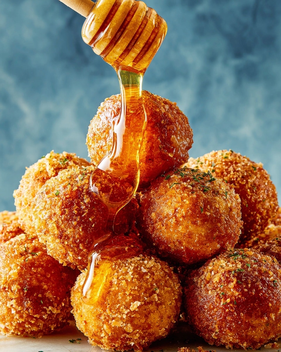 A woman's hand is holding a golden brown, crispy round ball covered in shiny honey dripping slowly into a clear glass bowl filled with amber honey. In the background, more crispy balls with a rough texture sit in a white bowl, and one ball is broken open in front, showing an orange, slightly soft inside. The scene is set on a white marbled surface with a soft blue background. photo taken with an iphone --ar 4:5 --v 7