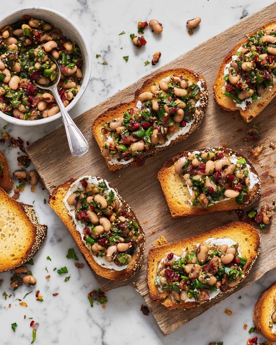 The image shows one piece of toasted bread with a sesame seed crust lying flat on a wooden cutting board with a white marbled surface partially visible on the right. The bread has a thick layer of white cream cheese spread evenly on top. Over the cheese, there is a colorful layer made of black-eyed peas mixed with chopped green herbs and small pieces of reddish-brown cooked meat, sprinkled with sliced green onions. Some beans, meat bits, and herbs are scattered around the bread on the cutting board and white marbled surface. The photo taken with an iphone --ar 4:5 --v 7