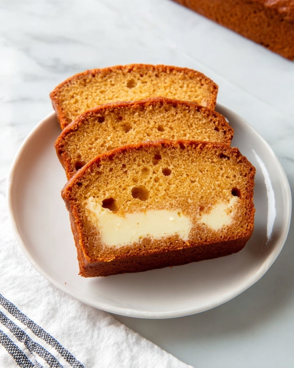 The image shows three slices of a moist, brown cake with a soft texture, each slice revealing a lighter, creamy layer running through the middle horizontally. The cake layers have small holes indicating a fluffy inside, and the outer crust is a slightly darker brown, smooth, and evenly baked. The slices are neatly arranged overlapping on a simple white plate, which sits on a white marbled surface. A white cloth with gray and blue stripes is visible at the bottom left corner. Photo taken with an iphone --ar 4:5 --v 7