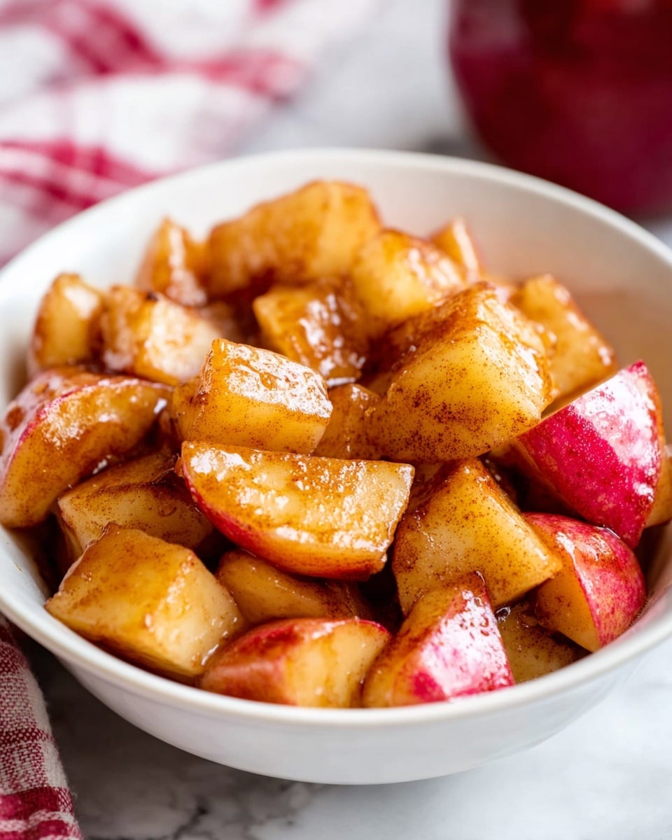 A close-up view of a white bowl filled with several pieces of cooked apple chunks that are glossy with a golden brown and soft texture, showing a mix of red apple skin and pale inner apple flesh coated lightly with cinnamon spices. The bowl sits on a white marbled surface with a blurred red and white cloth in the background, adding a cozy and warm feeling to the image. photo taken with an iphone --ar 4:5 --v 7