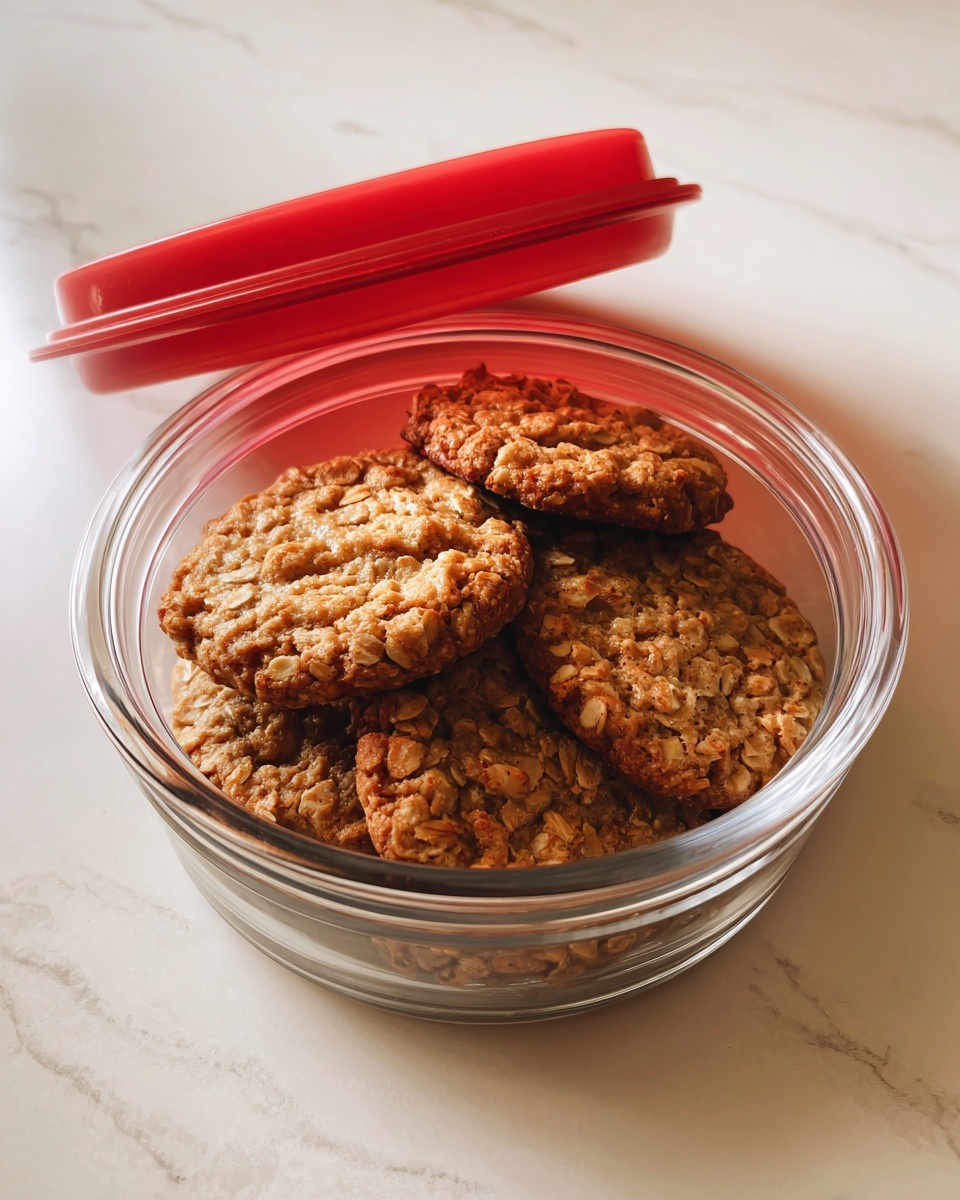 A clear glass bowl filled with two layers of round, chunky oatmeal cookies with a light brown, slightly rough texture showing bits of oats. The bowl is placed on a white marbled surface, with a red plastic lid resting partially open on the top left side, labeled with a white sticker that reads