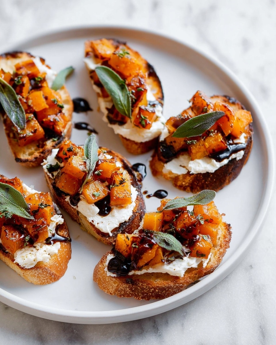 A white plate holds six toasted slices of bread, each with three visible layers: the bottom layer is the browned, crispy toast; the middle layer is a thick spread of soft white cheese; the top layer consists of small orange roasted vegetable cubes seasoned with herbs and dark green sage leaves. A dark glaze is drizzled over parts of the toppings and plate, adding a shiny texture. The plate rests on a white marbled textured surface. photo taken with an iphone --ar 4:5 --v 7