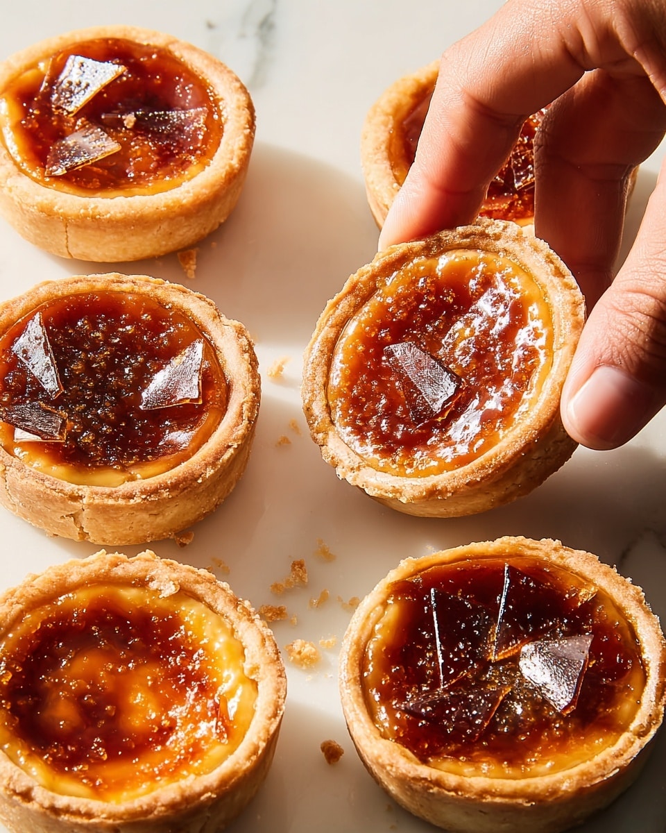 The image shows nine small tarts placed closely together on a white marbled surface. Each tart has a thick, golden-brown crust forming the base and sides, with a glossy, caramelized top layer that is deep amber to dark brown in color. The tops have a slightly bubbly, shiny texture with some cracks and pieces of crispy caramel shards scattered on and around the tarts. The lighting highlights the shiny texture of the caramelized top while showing the soft, flaky texture of the crust on the outer edges. Photo taken with an iphone --ar 4:5 --v 7