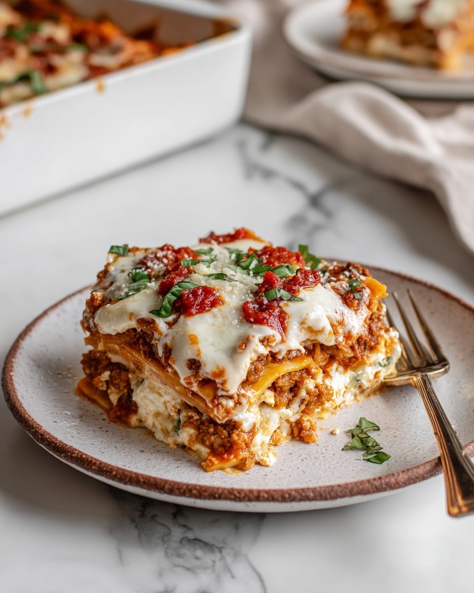 A piece of lasagna on a white plate with a rough brown edge, placed on a white marbled surface. The lasagna has multiple layers: the bottom layer is a chunky, light brown meat and sauce mixture, followed by a thick ricotta cheese layer with a creamy texture. Above that are thin, soft pasta layers topped with melted white cheese that is slightly shiny and gooey, with dollops of red tomato sauce scattered on top. Small pieces of green basil leaves are spread over the cheese. A silver fork rests on the right side of the plate, prepared to take a bite. The background shows a white baking dish with more lasagna inside. Photo taken with an iphone --ar 4:5 --v 7