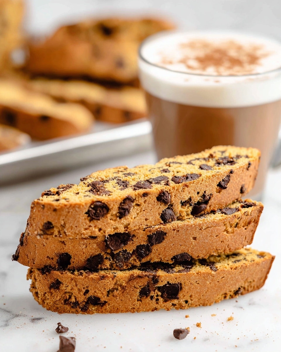 A clear glass cup filled with light brown creamy coffee has foam on top. A woman's hand is dipping a long, narrow biscotti that is golden brown with dark chocolate spots into the coffee. In the blurry background, several biscotti pieces lie on a white marbled surface. The scene is bright and clean with soft lighting. photo taken with an iphone --ar 4:5 --v 7