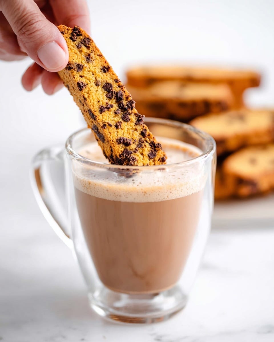Three thick slices of golden brown biscotti with dark chocolate chips are stacked on top of each other on a white marbled surface. The biscotti have a rough texture with visible chocolate chips spread throughout. Behind the stack, there is a clear glass cup filled with frothy coffee topped with a light sprinkle of cinnamon or cocoa powder. In the background, there are more biscotti lined up on a white tray, slightly blurred to emphasize the front stack. The overall scene is bright and warm, suggesting a cozy snack moment. photo taken with an iphone --ar 4:5 --v 7