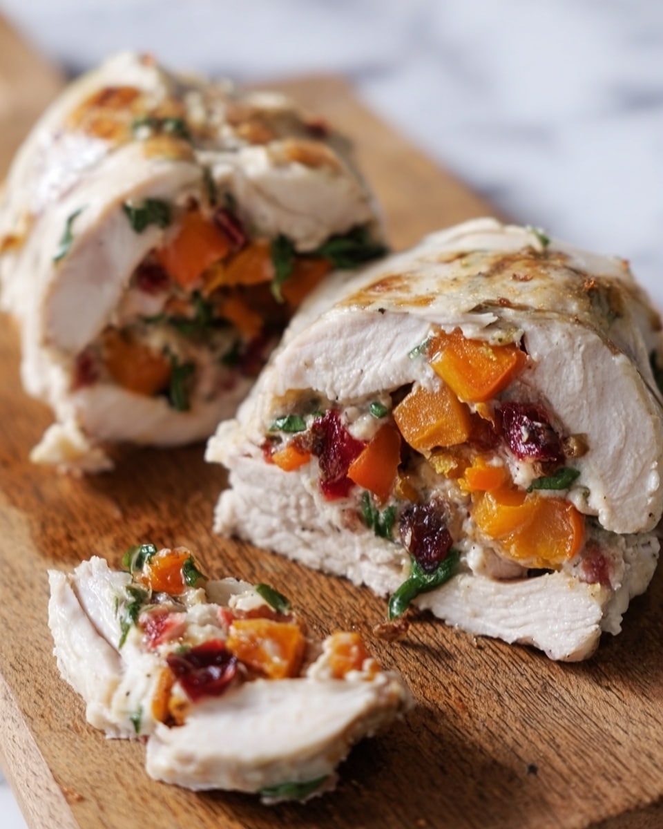 The image shows two pieces of a chicken roll on a wooden cutting board. Each piece has an outer layer of white cooked chicken with a slightly browned and textured surface. Inside, there are multiple layers of colorful filling including orange chunks, small pieces of red, green leafy bits, and some light-colored small pieces mixed in. The chicken looks juicy and tender, and the filling is dense and vibrant. A small piece of the filling has fallen on the cutting board near the chicken pieces. The background is a white marbled texture. Photo taken with an iphone --ar 4:5 --v 7