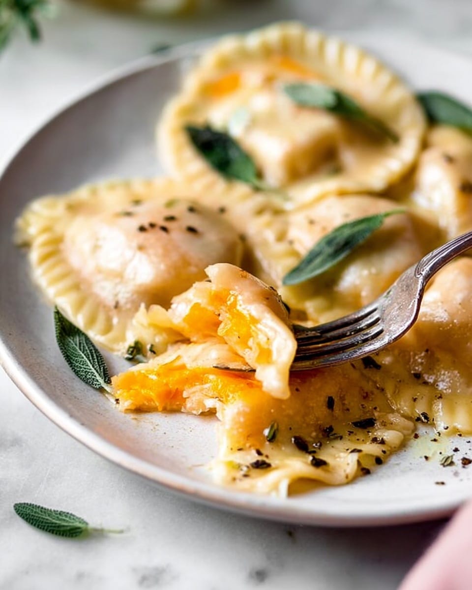 A white plate on a white marbled surface holds several ravioli pieces, each with a translucent, light beige dough that has a smooth texture and slightly crimped edges. One ravioli is broken open in the foreground, showing bright orange filling. The ravioli are topped with small green sage leaves and black pepper specks scattered over the dish. A silver fork rests with woman's hand partially holding it, lifting a piece of ravioli from the plate. The soft lighting highlights the slight gloss on the ravioli surface and the fresh herbs, making the dish look warm and inviting. Photo taken with an iphone --ar 4:5 --v 7