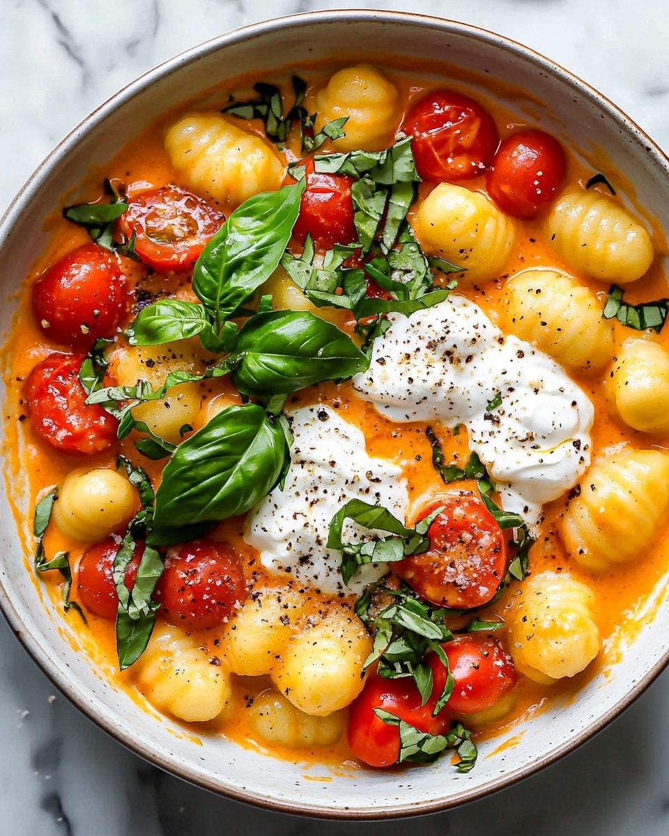 This dish shows three layers in a white bowl placed on a white marbled surface. The base layer is light orange creamy sauce mixed with small yellow gnocchi with smooth, soft textures. Scattered on top are whole cherry tomatoes in bright red and orange colors, sitting slightly submerged in the sauce. Dollops of white soft cheese are spread evenly across the surface, topped with cracked black pepper. Fresh green basil leaves are placed in the center and shredded finely over the whole dish, adding a fresh, leafy texture. The mix of glossy sauce, soft gnocchi, vibrant tomatoes, creamy cheese, and fresh herbs create a rich and colorful presentation photo taken with an iphone --ar 4:5 --v 6.1