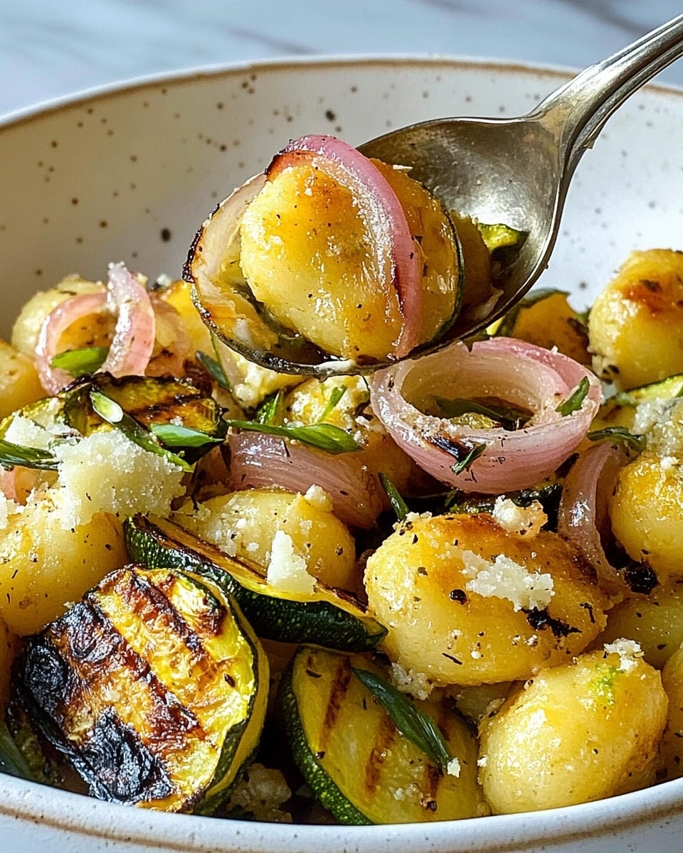 The image shows a close-up of a white bowl filled with three main layers: at the bottom, round, golden-yellow gnocchi with a slightly browned, crispy texture; scattered on top and mixed in are green, grilled zucchini slices with dark grill marks, and pieces of pinkish grilled onion with some charred edges. The dish is garnished with thin strips of fresh green onions and small bits of white cheese, all resting on a white marbled surface. A metal spoon holds a scoop of the gnocchi and onion above the bowl, adding depth to the presentation. Photo taken with an iphone --ar 4:5 --v 6.1