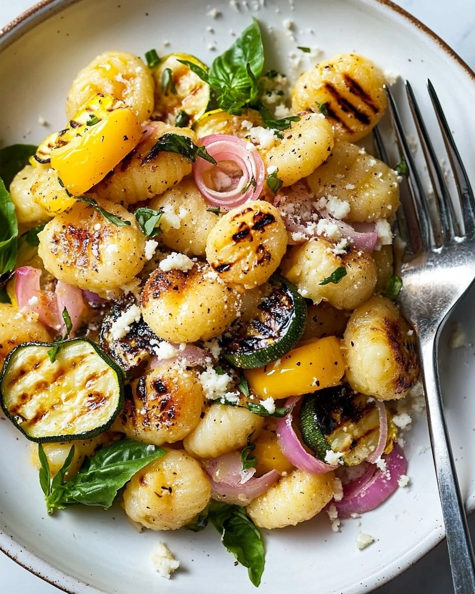 The dish shows a white plate filled with three main layers. The bottom layer has yellow grilled bell pepper slices and charred pink shallots, spread unevenly across the plate. On top of this layer, there are round slices of grilled green zucchini with dark grill marks, scattered among small, light golden gnocchi pieces, some of which have grill marks too. There are small pieces of corn kernels mixed throughout. The dish is finished with white cheese crumbles and thin green scallion slices sprinkled over everything. A fork rests on the right side of the plate with a piece of gnocchi on its tines. The plate sits on a white marbled surface. Photo taken with an iphone --ar 4:5 --v 6.1