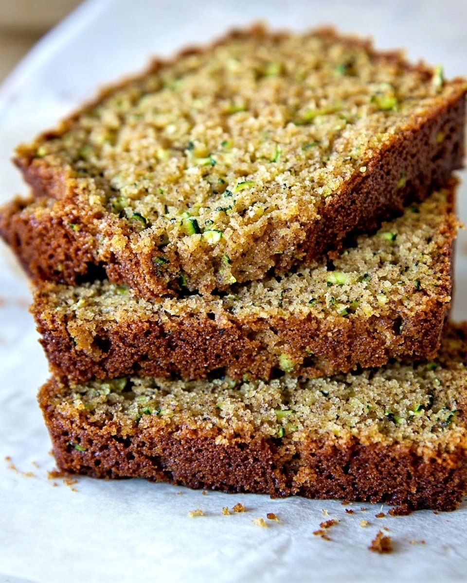 The image shows three slices of moist zucchini bread stacked slightly overlapping on white parchment paper, with a crispy golden brown crust on the top and sides. The bread's inside is light brown with small green zucchini bits spread evenly throughout, giving it a textured look. The background is a white marbled surface that provides a clean contrast to the warm tones of the bread. Photo taken with an iphone --ar 4:5 --v 6.1
