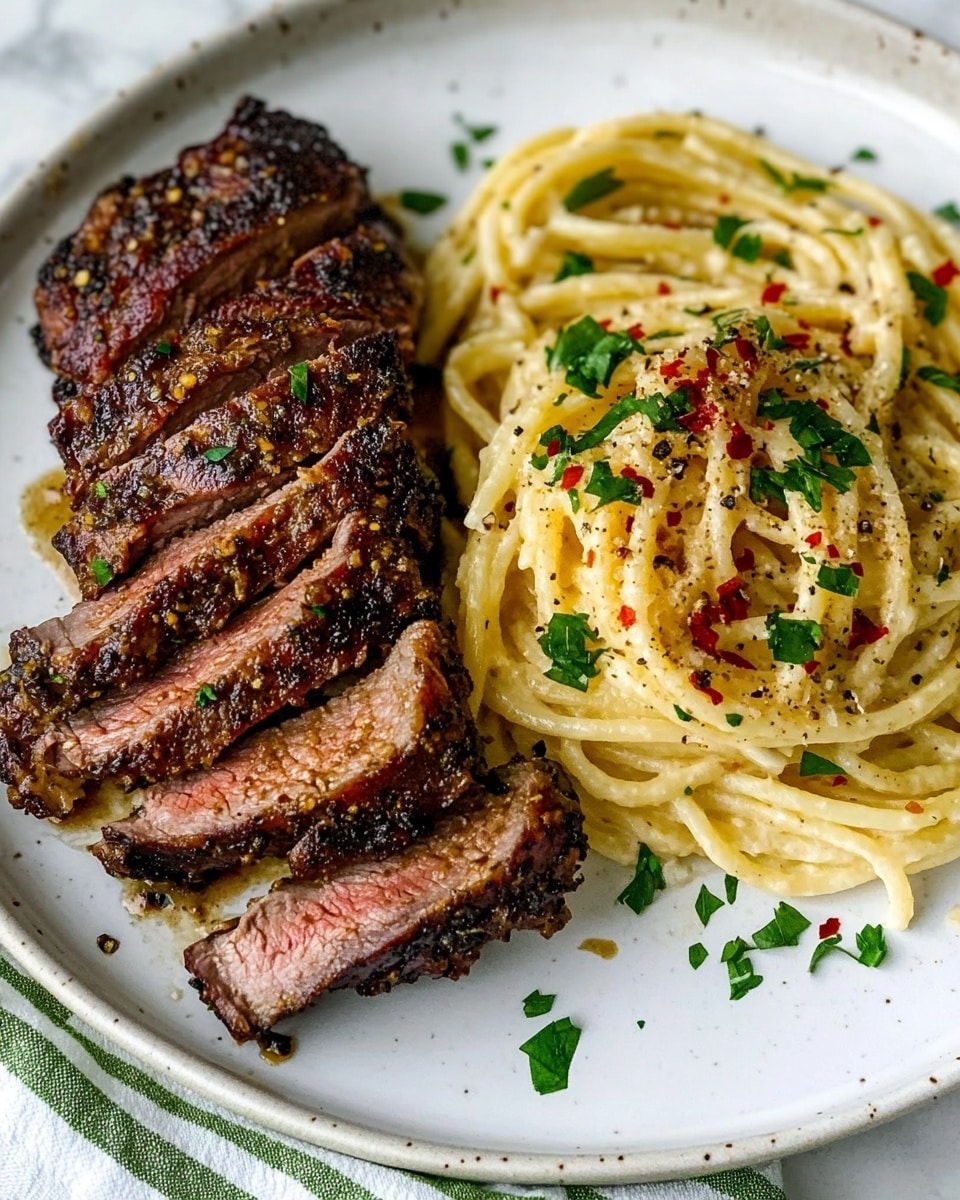 The image shows a white plate with two main sections: on the left side, there are slices of dark brown roasted meat with a crispy outside and a tender inside, garnished with small green herb pieces. On the right side, there are two nests of creamy yellow pasta with a smooth texture, sprinkled with grated cheese, red chili flakes, and chopped parsley. The plate is set on a white marbled surface with a green and white striped cloth partially visible on the side. photo taken with an iphone --ar 4:5 --v 6.1