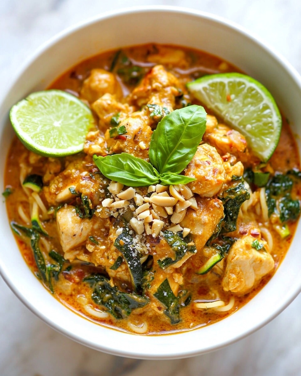 A white bowl filled with a layered dish starting with light brown cooked chicken pieces mixed with a reddish-orange sauce at the bottom. On top, there is a layer of chopped green herbs and crushed peanuts sprinkled across. A fresh green basil leaf sits in the center as garnish, with half a green lime wedge placed at the edge of the bowl. A pair of wooden chopsticks rest on the bowl’s rim. The bowl is placed on a white marbled surface. Photo taken with an iphone --ar 4:5 --v 6.1