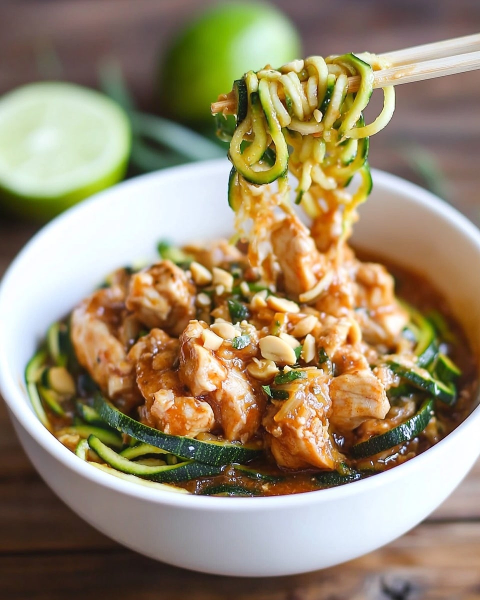 In a white bowl on a wooden table, there is a dish with two main layers: the base layer has chunks of tender cooked chicken mixed with a thick, reddish-brown sauce and small bits of crushed peanuts, while the top layer consists of spiralized green zucchini noodles coated slightly in the sauce; a pair of wooden chopsticks held by a woman's hand lifts a portion of the noodles above the bowl, showing their glossy texture. In the background, there is half a lime and some green leaves, all softly blurred. The scene is bright with natural light. Photo taken with an iphone --ar 4:5 --v 6.1
