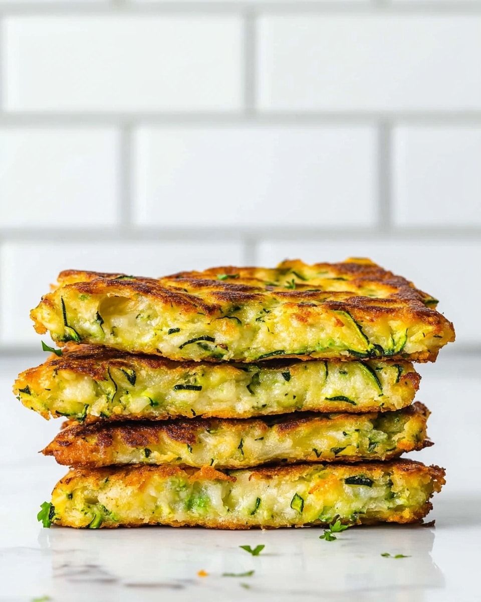 A stack of four golden-brown patties is shown, each with a rough, crispy texture and flecks of green herbs and vegetables visible inside. The patties have slightly uneven edges with some parts looking more browned and crunchy, and they are stacked neatly on top of each other against a white marbled surface. The background is a clean, white tile wall that adds brightness to the image. The layers inside the patties show a soft green vegetable filling surrounded by the more cooked and firm outer edge. The overall look is warm and fresh with a nice mix of crunchy and tender textures. Photo taken with an iphone --ar 4:5 --v 6.1