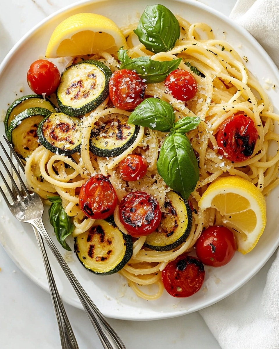 A white round plate filled with spaghetti pasta as the main layer, mixed with roasted cherry tomatoes and thin slices of grilled zucchini scattered evenly on top. Some cherry tomatoes are whole while others are halved, showing their bright red and orange colors. There is a light dusting of grated cheese sprinkled across the entire dish, adding a fine texture on top of the pasta and vegetables. Fresh green basil leaves are placed intermittently for a pop of color. Three lemon wedges with a pale yellow rind and juicy interior are arranged on one side of the plate. A silver fork rests on the right edge of the plate, with the spaghetti slightly wrapped around its tines. The plate sits on a white marbled surface with soft natural light enhancing the colors. Photo taken with an iphone --ar 4:5 --v 6.1