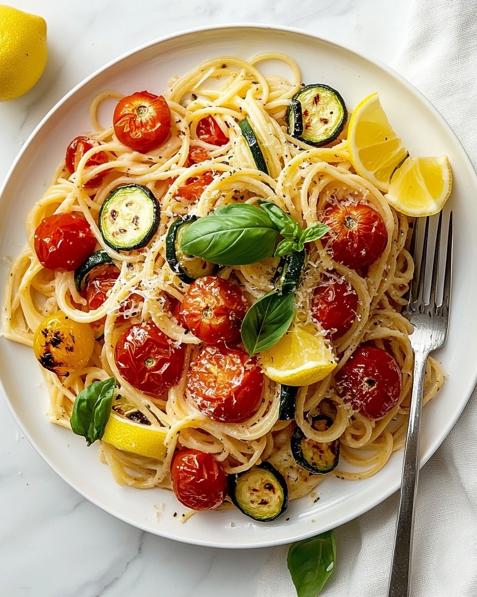 A white plate filled with a mixed pasta dish resting on a white marbled surface. The bottom layer consists of long, pale yellow spaghetti noodles spread across the plate. Scattered on top are slices of grilled zucchini with a golden-brown edge, and bright red cherry tomatoes, some whole and some cut in halves, adding bursts of color. Sprinkled over the dish is a light dusting of grated cheese, giving a slightly textured look. Fresh green basil leaves and three lemon wedges are arranged on top for a fresh and zesty touch. Two silver forks rest on the pasta, with one fork twirling some noodles. The lighting is bright and natural, highlighting the freshness and texture of the ingredients. Photo taken with an iphone --ar 4:5 --v 6.1