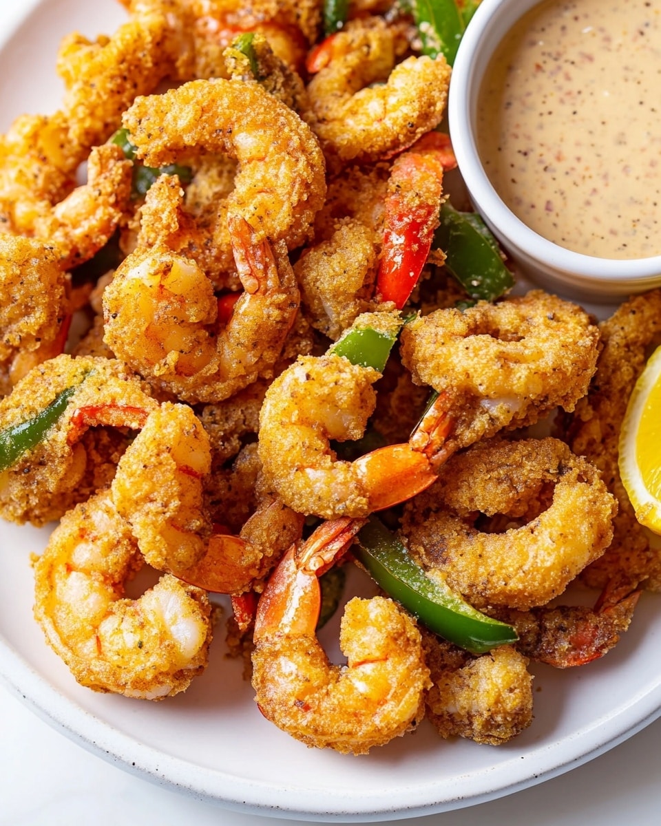 A white round plate filled with multiple pieces of golden-brown fried shrimp coated in a crispy, textured breading mixed with green and red bell pepper strips scattered evenly throughout. On the bottom right edge of the plate sits a bright yellow lemon wedge, and on the top left edge, a white small bowl with creamy light brown dipping sauce is partially visible. The plate is placed on a white marbled surface. Photo taken with an iphone --ar 4:5 --v 6.1