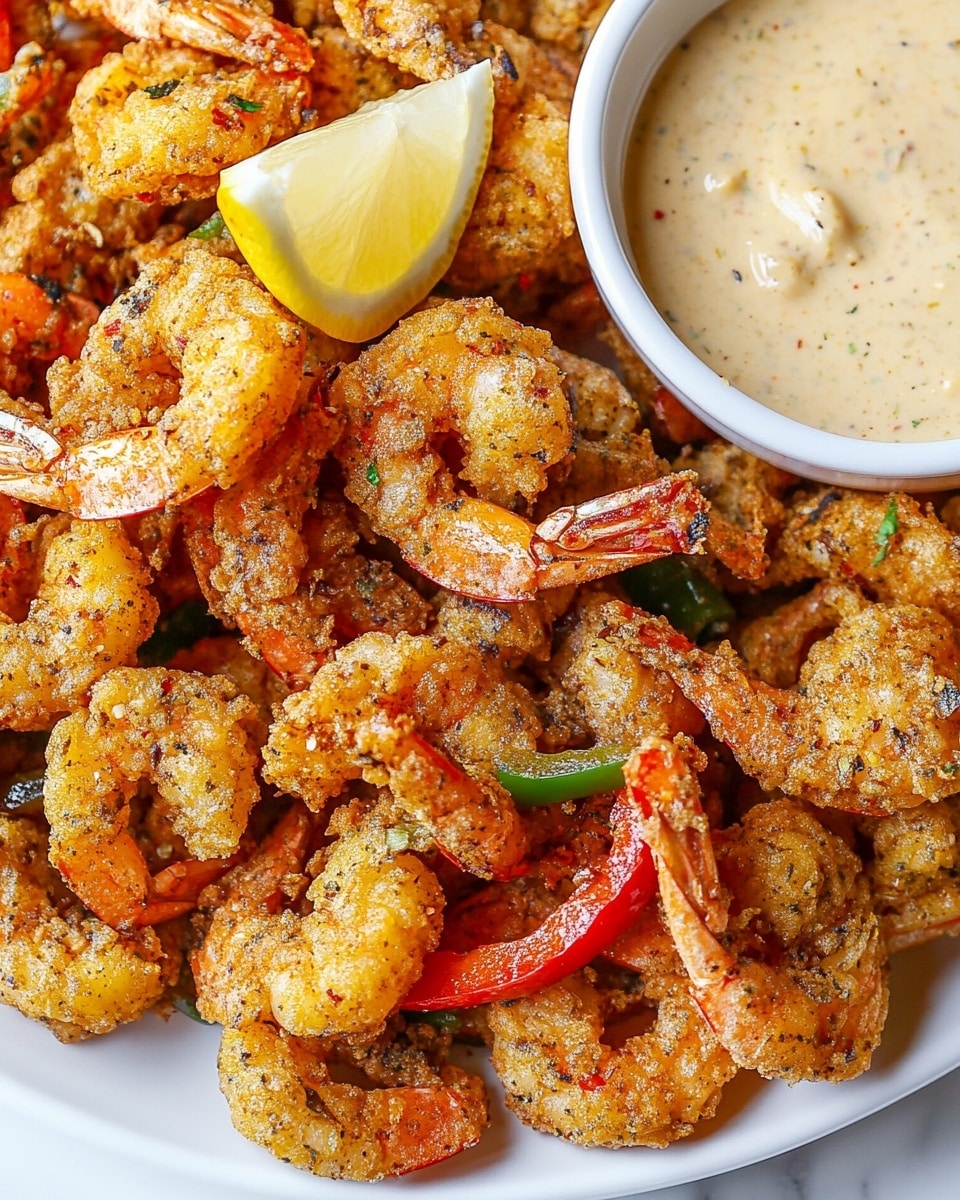 A white plate filled with a large pile of golden-brown fried shrimp, each shrimp coated in a crispy, textured batter with visible herbs and spices. Among the shrimp are thin slices of red and green peppers that add a splash of color. On the side of the plate, there is a white bowl filled with a creamy beige dipping sauce containing small bits of seasoning. A wedge of lemon rests on the edge of the plate. The plate is placed on a white marbled surface. photo taken with an iphone --ar 4:5 --v 6.1