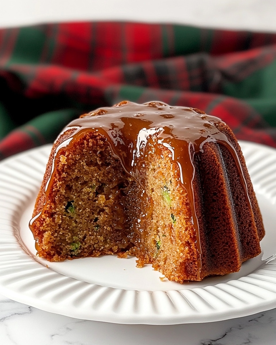 The image shows a single-layer bundt cake with a shiny, golden-brown crust. The cake has a rounded shape with distinctive ridges along the outer edge and a hollow center, typical of bundt cakes. It sits on a detailed green glass cake stand, which has a textured surface and a sturdy base. The setting includes a white marbled surface underneath, and beside the cake stand, there is a red and black checkered cloth with a silver knife resting on it. The background is softly blurred, giving focus to the cake and stand. photo taken with an iphone --ar 4:5 --v 6.1