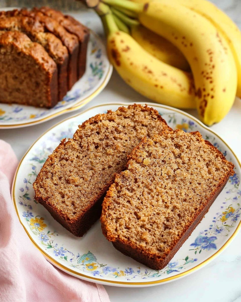 The image shows two slices of brown banana bread with specks of darker grains on a white plate decorated with blue, yellow, and green floral patterns and a gold rim. Behind the plate, there is a bunch of ripe bananas with some brown spots, resting on a white marbled surface. To the left, a white plate with gold trim holds multiple slices of banana bread arranged in a row, all with a similar brown color and textured crumb. A soft pink cloth is casually placed next to the plate in the foreground. The overall scene is bright and warm, highlighting the natural tones of the bread and bananas. photo taken with an iphone --ar 4:5 --v 6.1