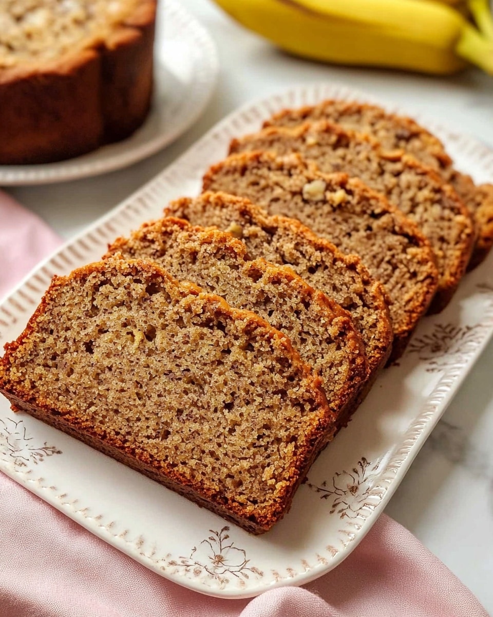 The image shows seven slices of brown banana bread placed upright in a row on a white rectangular plate with a delicate floral pattern along the edge. The bread has a lightly rough texture with small darker spots scattered throughout, indicating bits of banana and nuts inside. In the background, slightly out of focus, there are two more slices of banana bread stacked on another white plate with a floral design. A pink cloth is casually folded nearby, and a bunch of ripe bananas is partially visible at the bottom right corner. The surface underneath is white with a marbled texture. Photo taken with an iphone --ar 4:5 --v 6.1