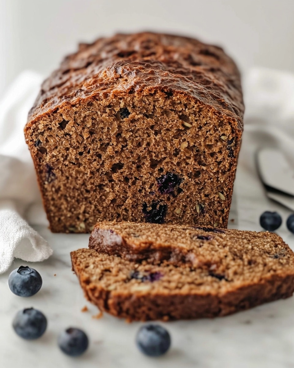 A loaf of brown bread with a moist texture is sliced on a white marbled surface. The bread has visible pieces of dark berries and nuts scattered inside, showing a dense and crumbly interior. Two slices lie flat in front of the main loaf, revealing the mix of ingredients embedded throughout. The crust is darker brown and slightly shiny, contrasting with the lighter brown inside. A few fresh blueberries are placed around the base of the bread, and a white cloth and silver knife are nearby, adding to the simple, clean setting. photo taken with an iphone --ar 4:5 --v 6.1