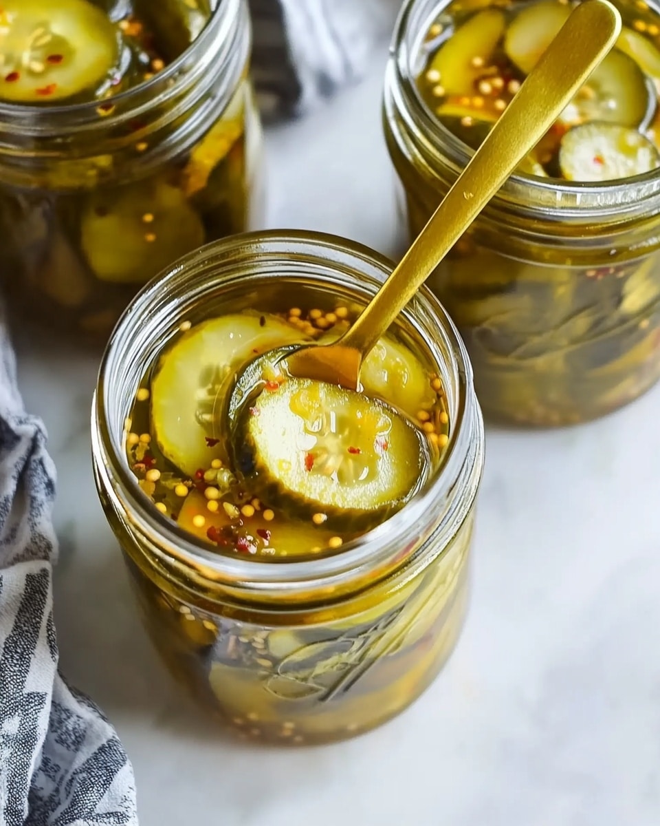 The image shows several clear glass jars filled with bright yellow-green pickles immersed in a liquid with visible spices like mustard seeds and small red flakes. One jar is open with a shiny golden spoon inside, holding some round pickle slices coated with the seasoning. The jars sit on a white marbled surface, and to the side is a crumpled cloth with black stripes. The overall look is fresh and shiny, highlighting the textures of the pickles and the glass jars photo taken with an iphone --ar 4:5 --v 6.1