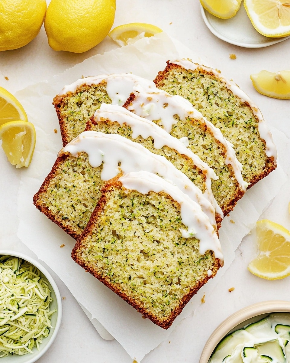 The image shows five slices of zucchini bread with a white icing layer on top of each slice, arranged in two staggered rows on white parchment paper over a white marbled surface. The bread has a light golden brown crust and a pale yellow interior with small green bits of zucchini scattered throughout. Next to the slices, part of a loaf covered in white icing is visible at the bottom right of the image. Around the edges, there are lemon wedges, a bowl of shredded zucchini, a bowl of white cream, and a white bowl filled with whole lemons, all set on the white marbled surface. photo taken with an iphone --ar 4:5 --v 6.1