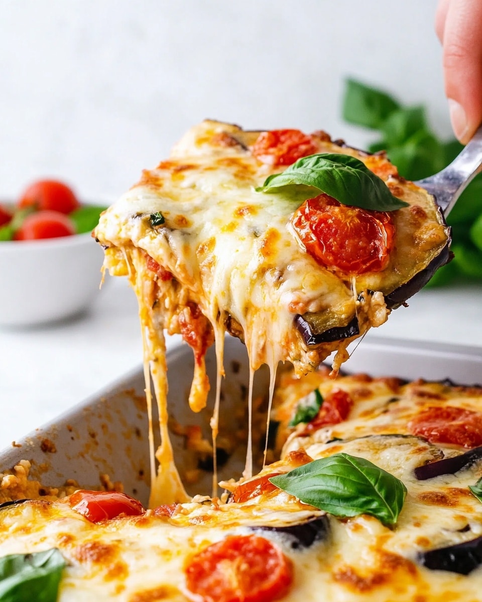 A slice of cheesy vegetable pizza is being lifted by a metal spatula held by woman's hand, showing stretchy melted white and golden cheese strands. The pizza has three visible layers: the bottom layer is a golden crust, the middle layer has roasted eggplant slices with a slightly dark and soft texture, and the top layer is thick melted cheese scattered with bright red tomato pieces and fresh green basil leaves, all sitting in a white pan. The background surface is a white marbled texture, and there is a white bowl with fresh green basil leaves blurred behind the pizza. Photo taken with an iphone --ar 4:5 --v 6.1