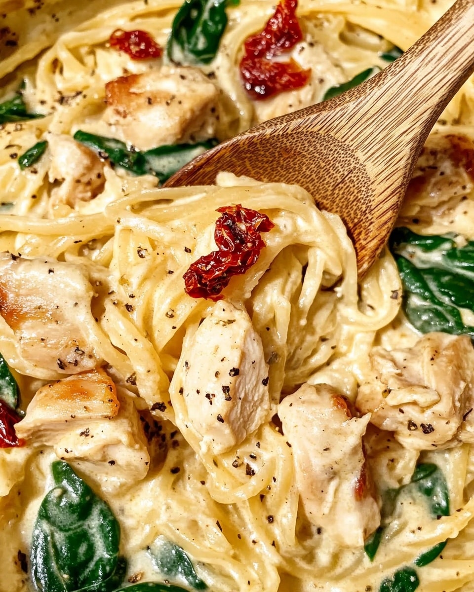 A black pan filled with creamy pasta mixed with small pieces of light brown cooked chicken, bright green spinach leaves, and bits of red sun-dried tomatoes, all combined with light yellow cheese strands creating a rich texture. A light wooden spoon stands upright inside the pan on the right side. Nearby, a small white bowl holds extra pieces of red sun-dried tomatoes. The whole scene rests on a white marbled surface with a white cloth featuring thin black stripes subtly placed under the pan. Photo taken with an iphone --ar 4:5 --v 6.1