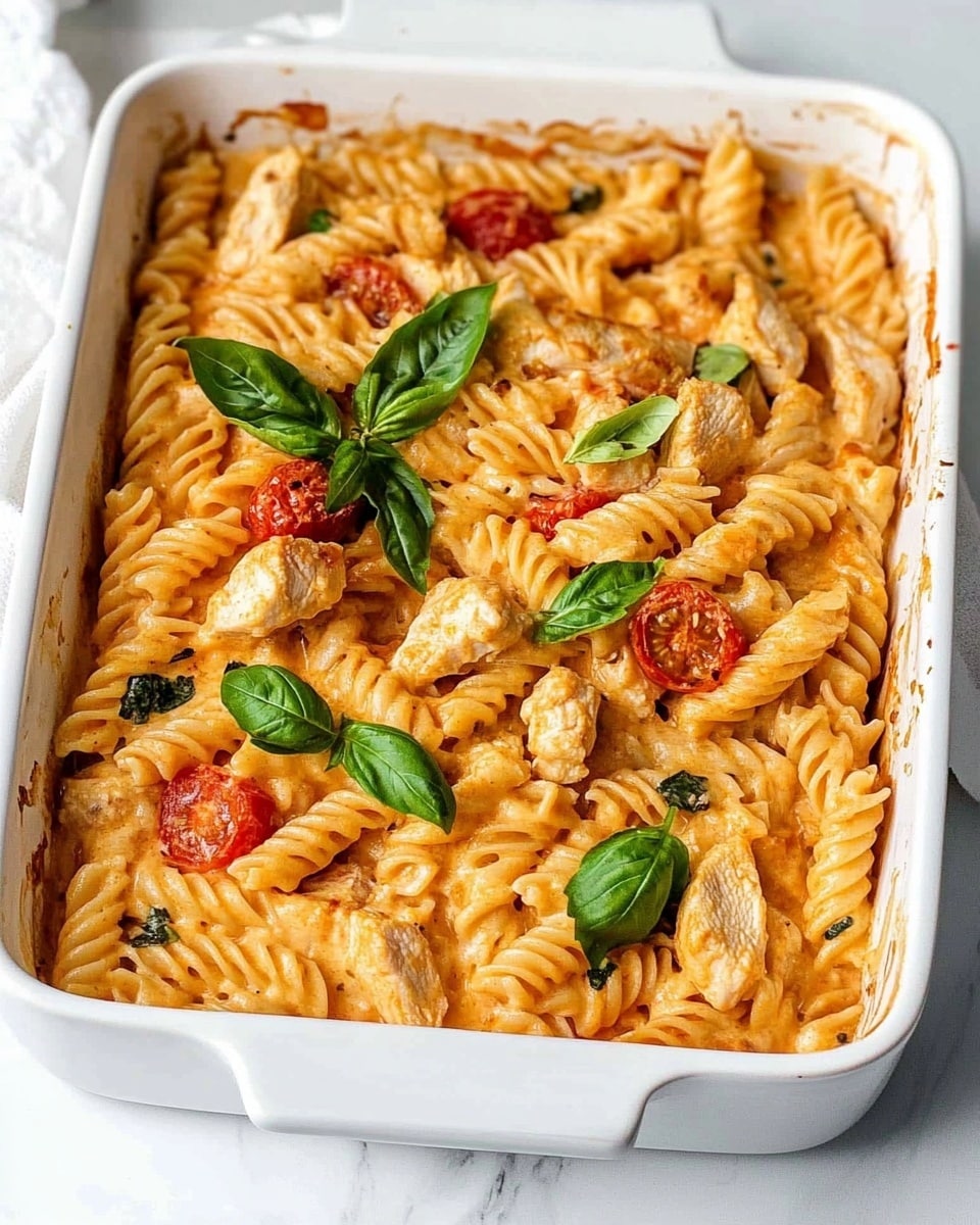 The image shows a white rectangular baking dish filled with a creamy pasta bake. The pasta is spiral-shaped and coated in a light orange sauce with bits of red tomato and specks of green herbs mixed throughout. There are several pieces of light brown cooked chicken scattered on top and mixed inside. Bright green basil leaves are placed on the surface for garnish. The dish sits on a white marbled texture surface with a white cloth partially visible on one side. photo taken with an iphone --ar 4:5 --v 6.1