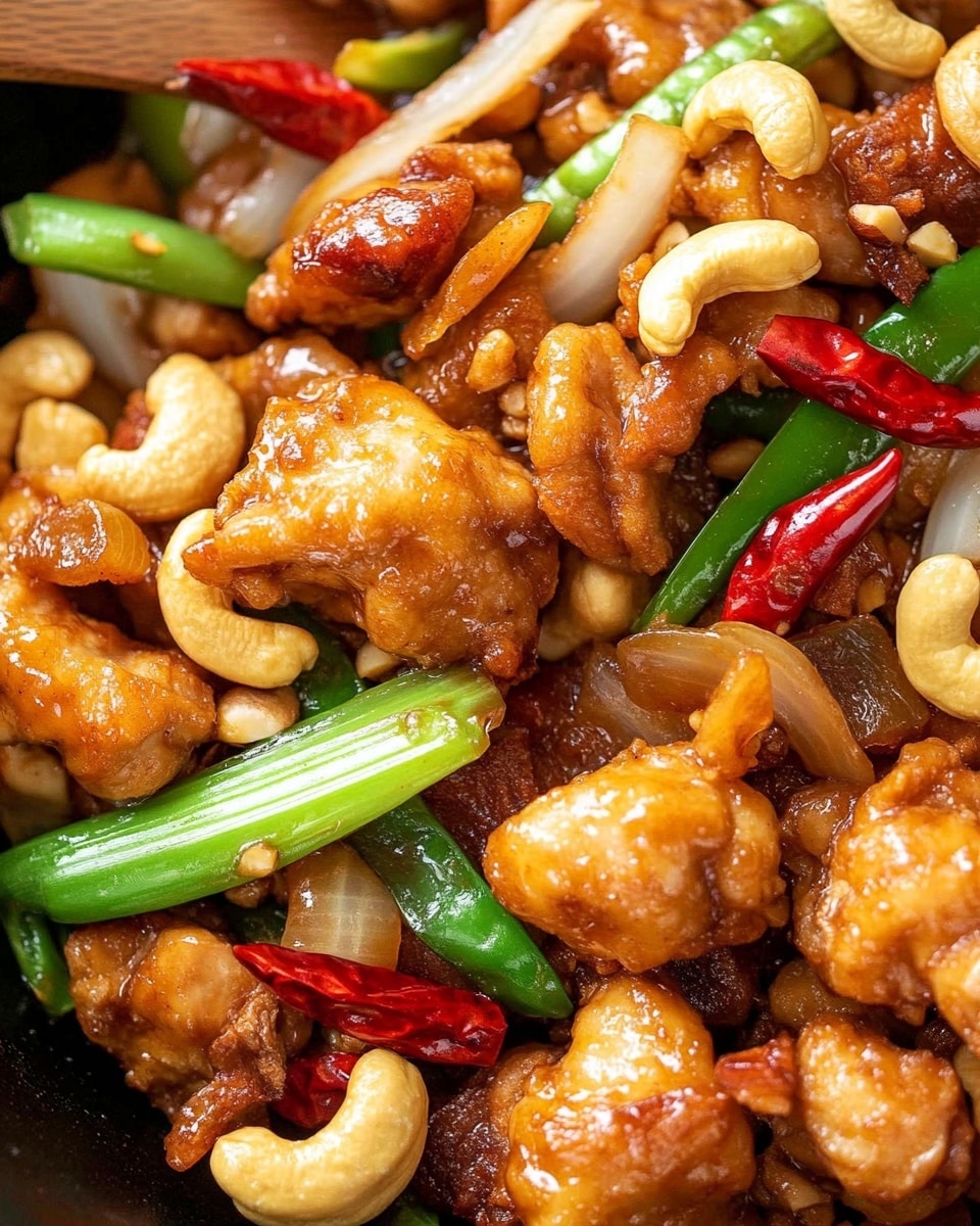 The image shows a close-up of a stir-fry dish in a dark pan, filled with many chunks of golden-brown cooked chicken mixed with shiny roasted cashew nuts. There are bright green sliced green beans and spring onions, orange bell pepper pieces, white onion chunks, and thin slices of red chili pepper scattered throughout. A wooden spatula is stirring the colorful mix in the pan. The textures show a mix of crispy cashews, tender chicken, and fresh vegetables, all coated in a glossy sauce. Photo taken with an iphone --ar 4:5 --v 6.1