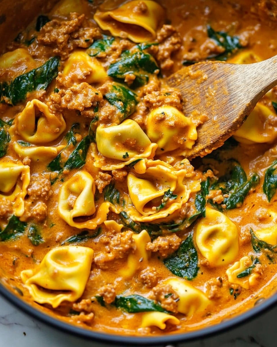 The image shows a close-up of a pan filled with rich orange creamy sauce mixed with yellow tortellini pasta and green spinach leaves. The sauce looks thick and coated evenly on the pasta and spinach. There are small pieces of browned ground meat mixed throughout, adding texture. A wooden spatula with sauce and bits of pasta is stirring the mix from the right side of the pan. The pan edges are visible and the background is a white marbled surface. photo taken with an iphone --ar 4:5 --v 6.1
