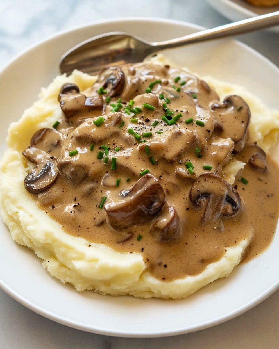 A white plate on a white marbled surface filled with a base layer of creamy, pale yellow mashed potatoes with a smooth, slightly fluffy texture. On top, there is a thick layer of brownish-beige creamy sauce loaded with tender pieces of browned beef and sliced mushrooms with a soft texture. The sauce is speckled with black pepper and sprinkled with finely chopped green herbs. A woman's hand holds two silver spoons resting on the plate’s edge, partially covered by the sauce. Photo taken with an iphone --ar 4:5 --v 6.1